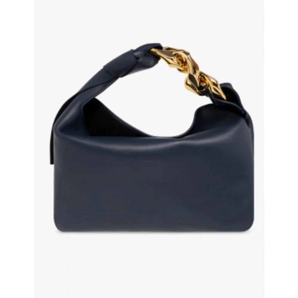 Leather Top-Handle Tote in Navy with Gold Chain Detail